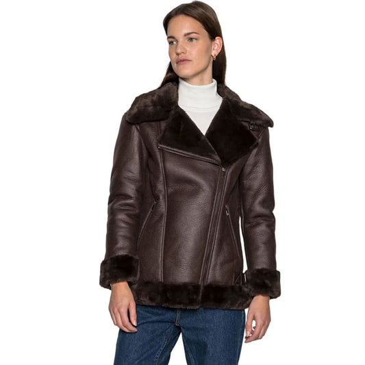 Veronica Women Fashion Black Aviator Shearling Blazer Coat
