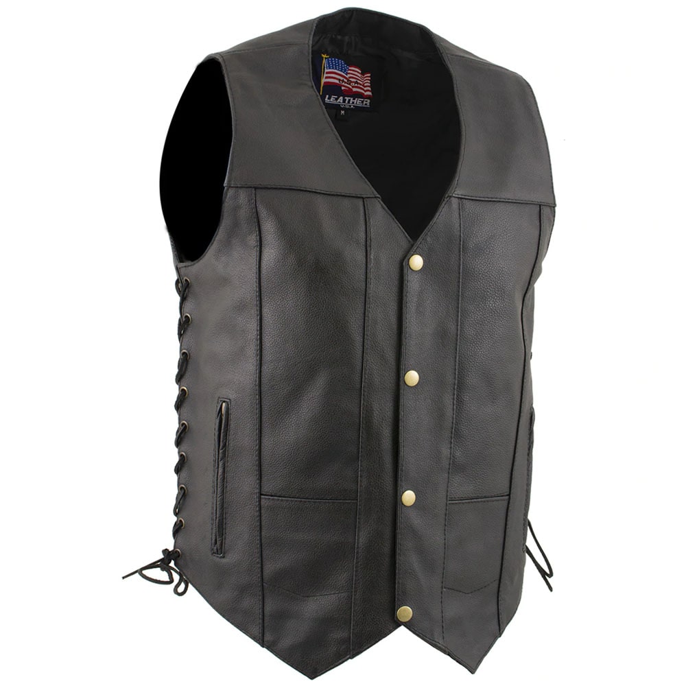 USA Leather 1204 Men’s Black ‘Dime’ Classic Leather Vest with Side Laces