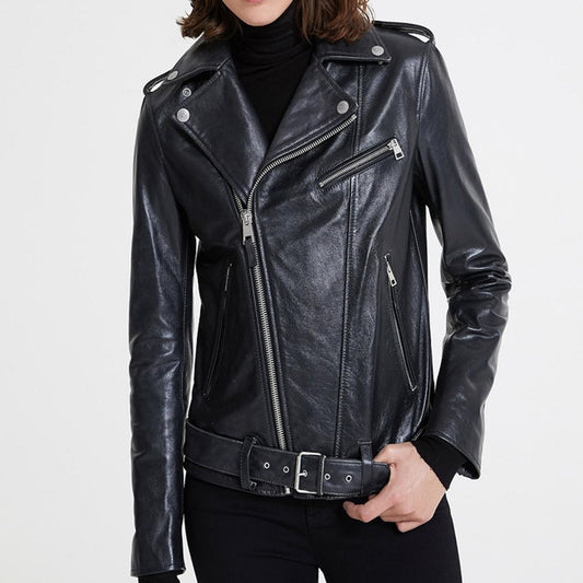 Women Black Biker Quilted Jacket