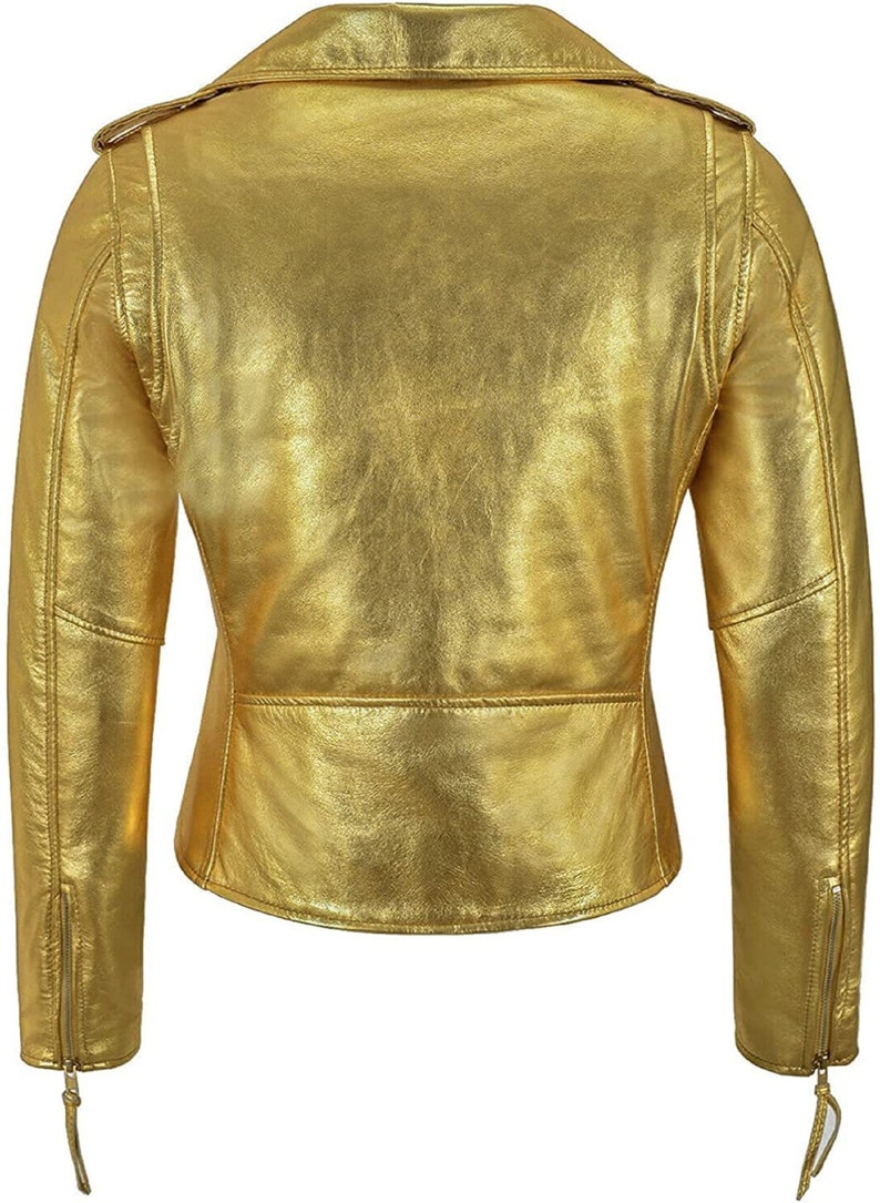 Women Metallic Golden Biker Cropped Style 90s Vintage Leather jacket