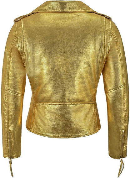 Women Metallic Golden Biker Cropped Style 90s Vintage Leather jacket