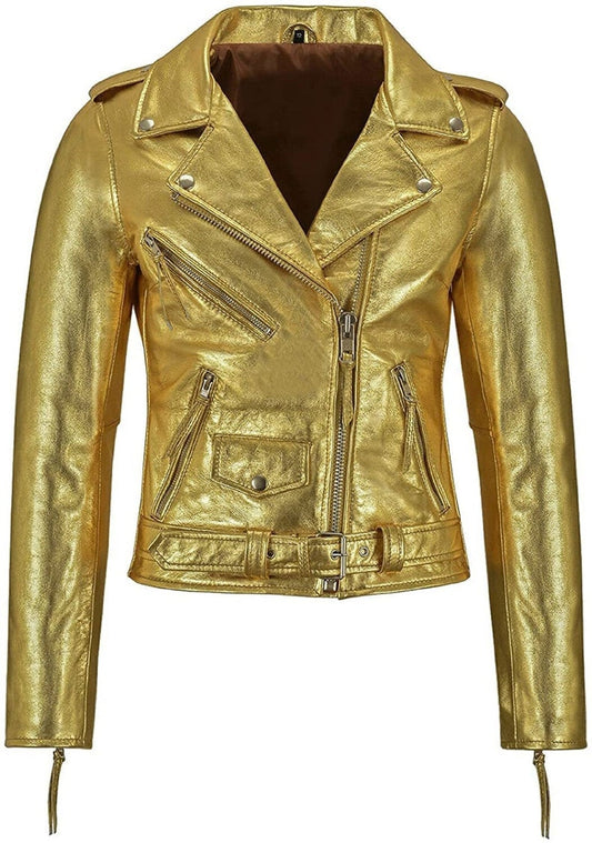 Women Metallic Golden Biker Cropped Style 90s Vintage Leather jacket
