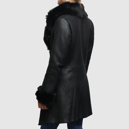 Women Shearling Sheepskin Suede Coat Merino Toscana Collar Black